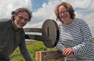 Keith and Liz with one of their sculptures at Wixall Moss